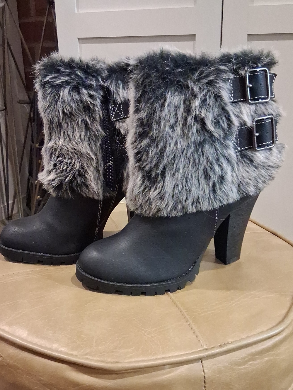 Soda Black Ankle Boots with Gray Faux Fur Cuff